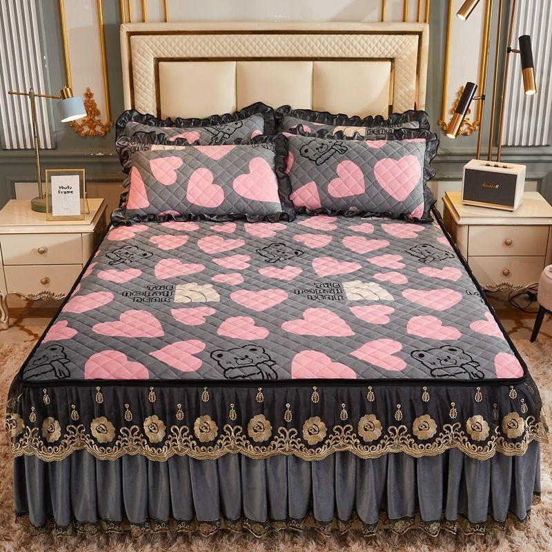 High Grade Winter Crystal Velvet Thicken Quilted Bedspread King Queen Size Flannel Quilting Bed Skirt Including Pillowcase