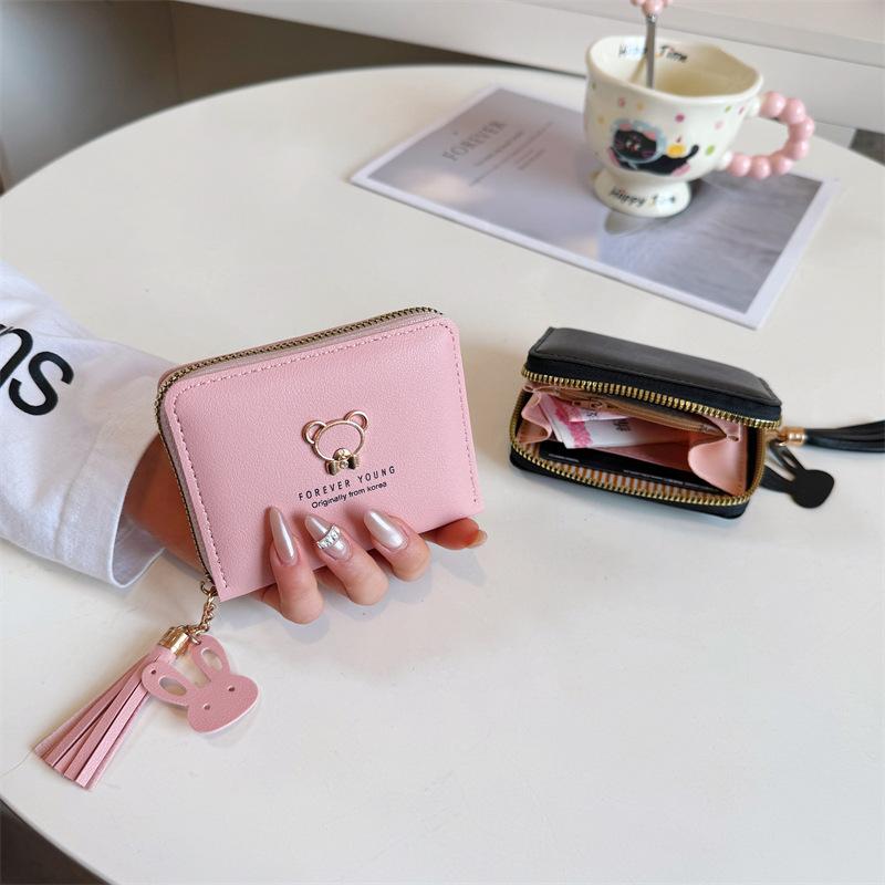 New spot women's wallet women's short cartoon cute bear fringed female student change bag zipper bag