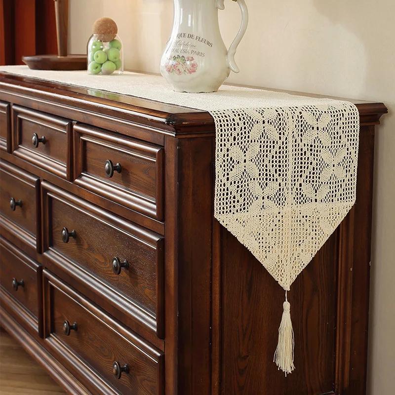 Farmhouse Table Runner with Tassels,Rustic Crochet Lace Home Decor for Kitchen,Wedding,Shower,Wedding,Bohemian Style Table