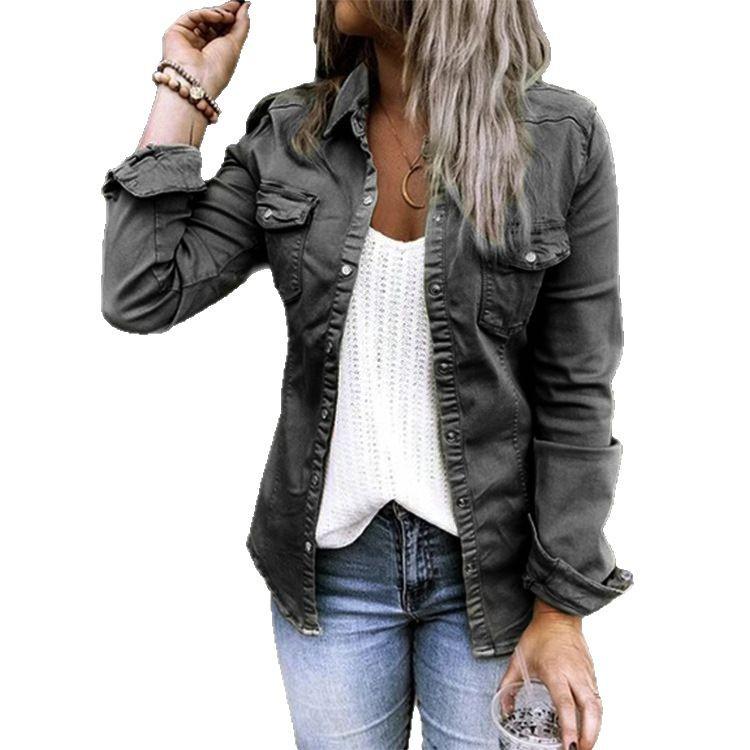 Women's Mid-Length Long-Sleeve Denim Jacket Shirt - European & American Style