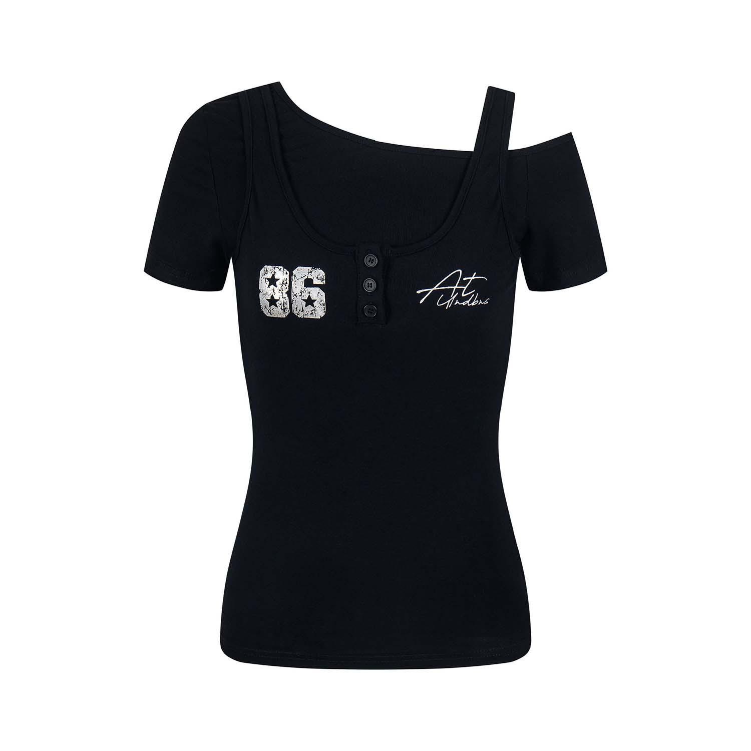 

UNBDNS Women s Korean Style Off-the-Shoulder Patchwork Short Sleeve Top Medium чорний