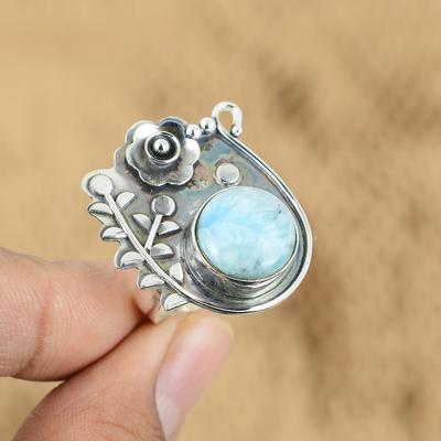 Gift For Her 925 Silver Natural Larimar Gemstone Promise Flower Adjustable Ring
