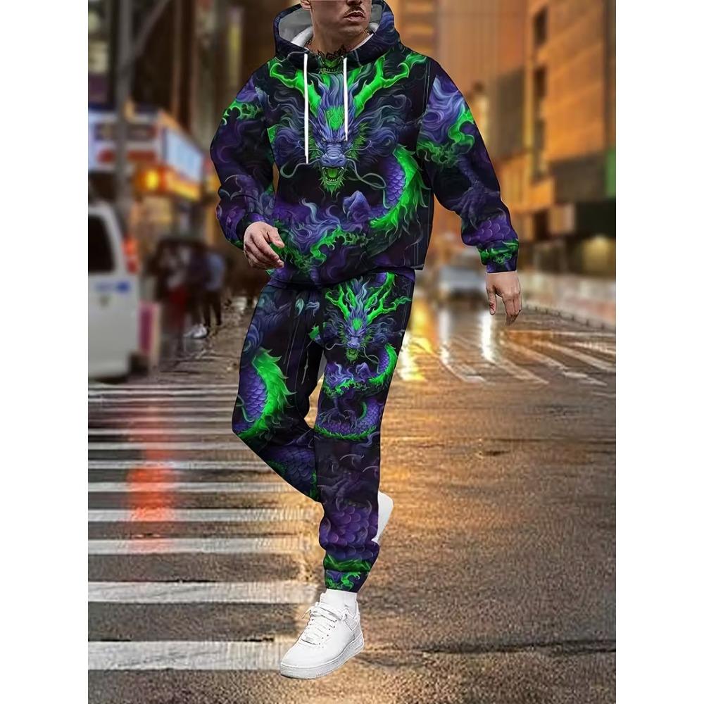 Cool Dragon 3D Print Men's Hoodie Pants 2-Piece Outfits Autumn/Winter Men's Hooded Sweatshirt Sets Jogging Pants 2Pcs Sets