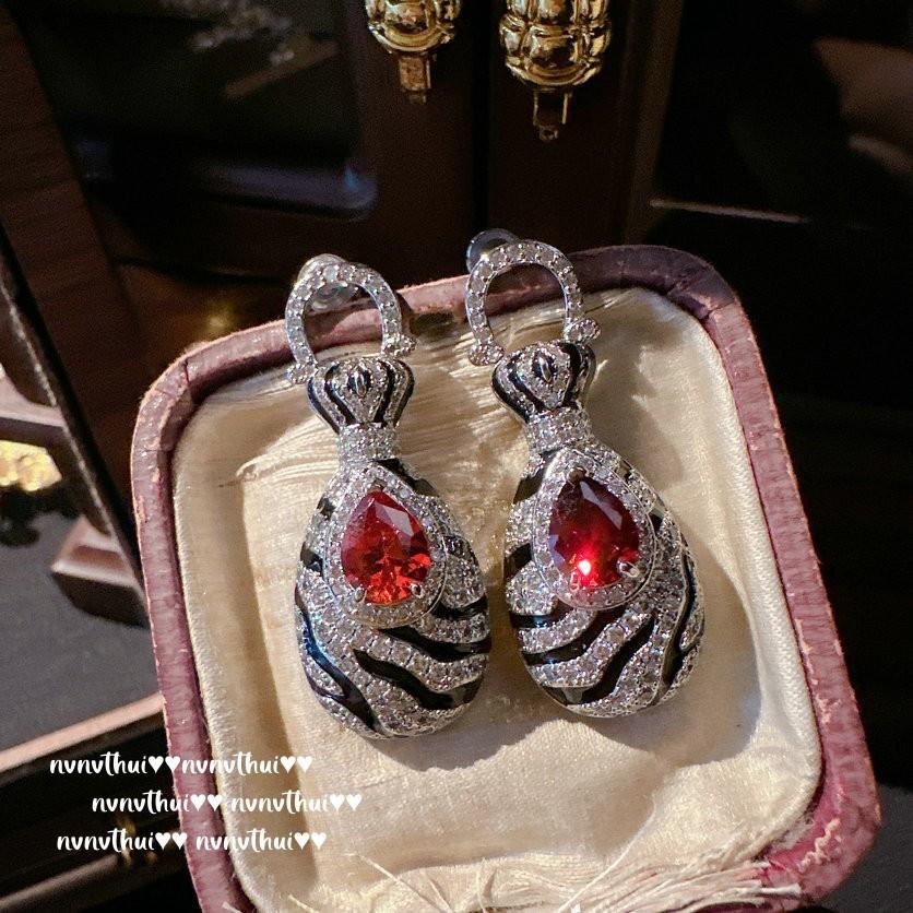 Ancient Babylon Pomegranate Ruby Drop Earrings, Vintage Court, 18K Gold Plated, Cheetah Curved Zircon Ring