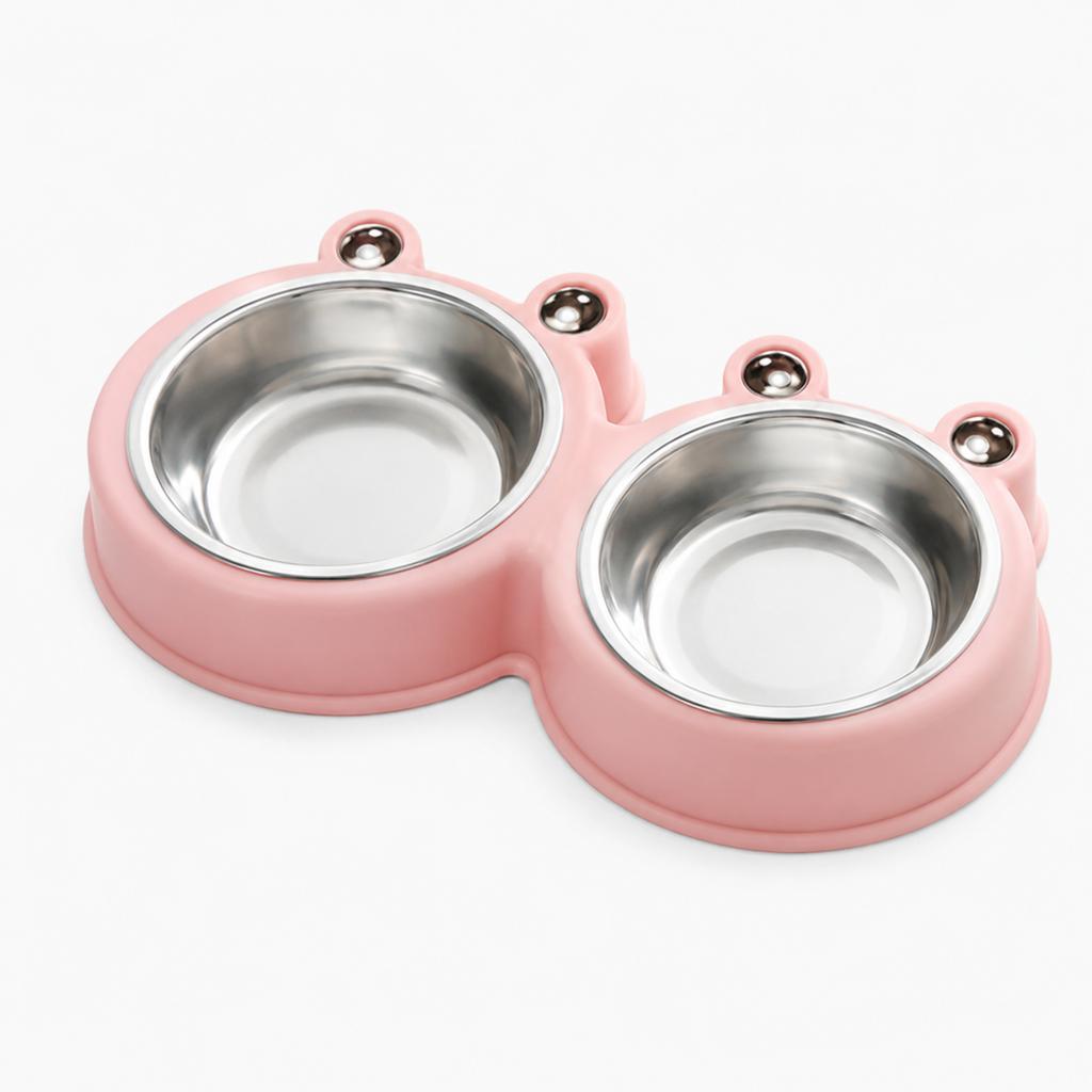 Frog Shaped Double Pet Bowl,Removable Stainless Steel Dog Cat Feeder Water Bowl,Anti‑Slip Anti‑Tip PP Base for Small Pets