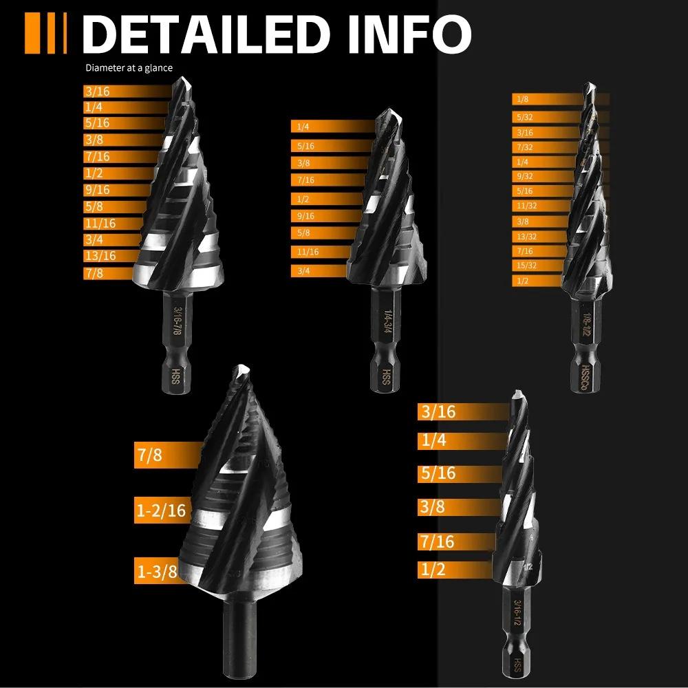 Stainless Steel Perforated Step Drill Bit 5Pcs Four Spiral Flute Step Bits for Metal 43 Sizes Titanium-Coated HSS Drill Bits Set