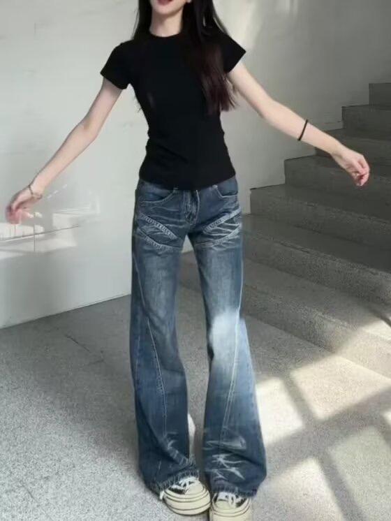 

Американские ретро джинсы микро клеш с высокой посадкой - Осенняя стирка, Приталенный свободный крой, Брюки в пол 2XL