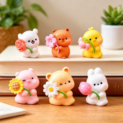 Cute Animal Miniature Figurine Mini Resin Bear Bunny Duck Holding Flower Statue for DIY Moss Landscape Fairy Garden Home Cake Decor