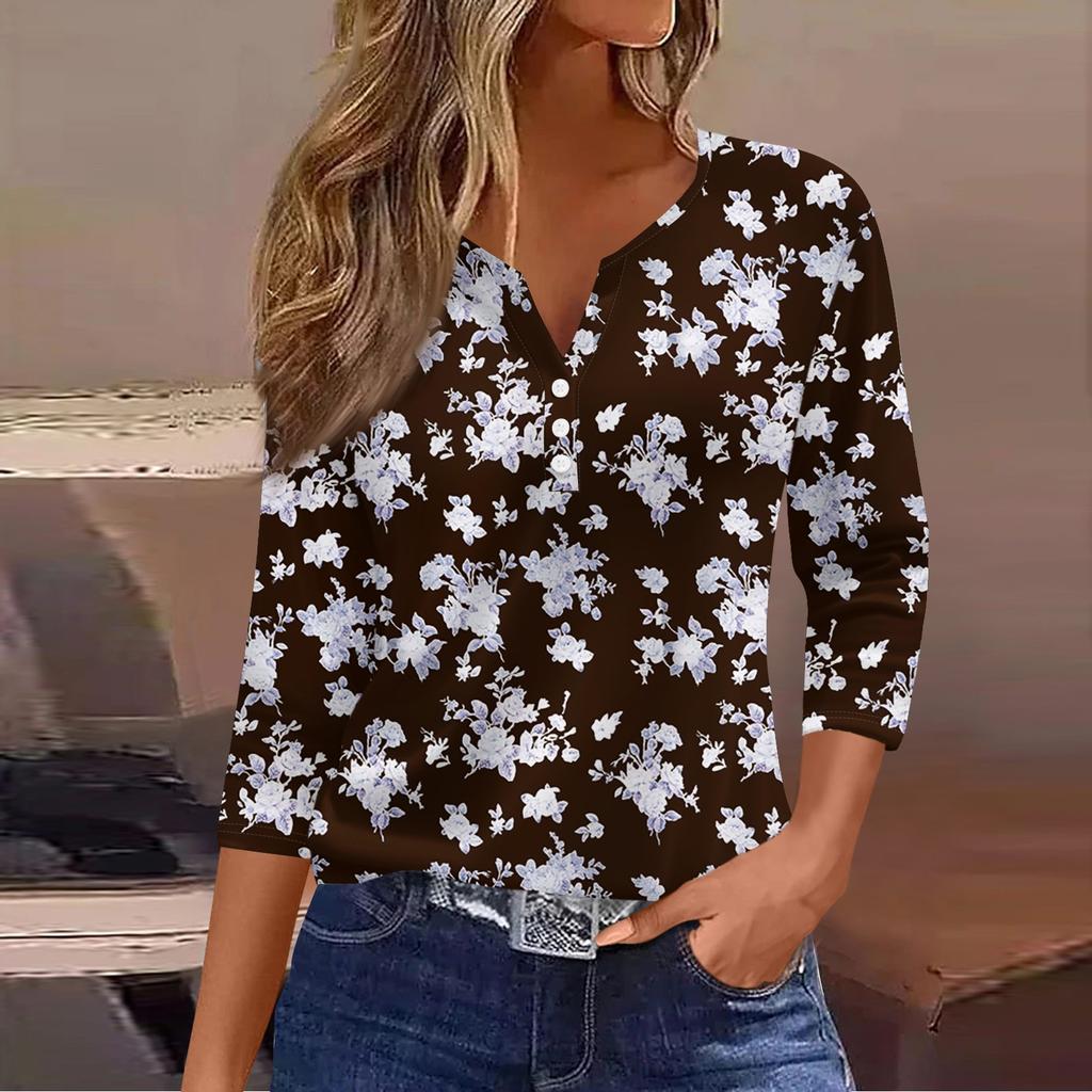 Ladies Casual Fashion V-neck Loose Versatile Floral Print Three-quarter Sleeve Top