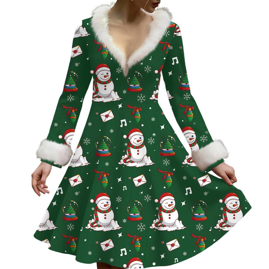 Women's Casual V-neck Christmas Print Plush Long-Sleeve Casual Dress