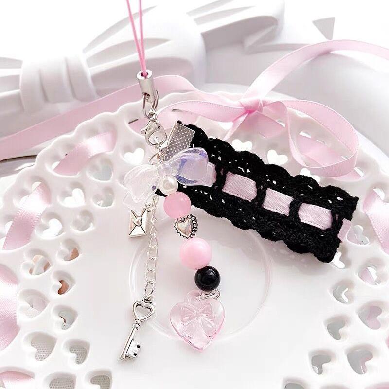 Dainty Lace Ribbon Keyring Cute Heart Pendant Keychain Colorful Beaded Phone Lanyard Multi-Functional Bags Hanging Accessories