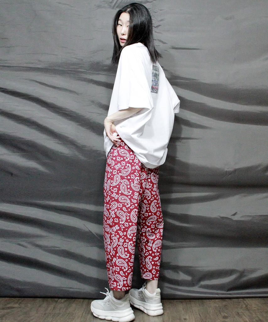 Deumakeu Circle Paisley Straight Baggy Fit Pants Burgundy