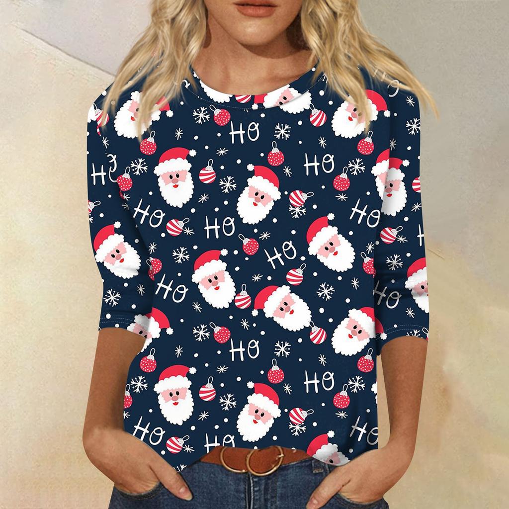 Women's Fashion Casual Round Neck 3/4 Sleeve Loose  Printed T-Shirt Ladies Top