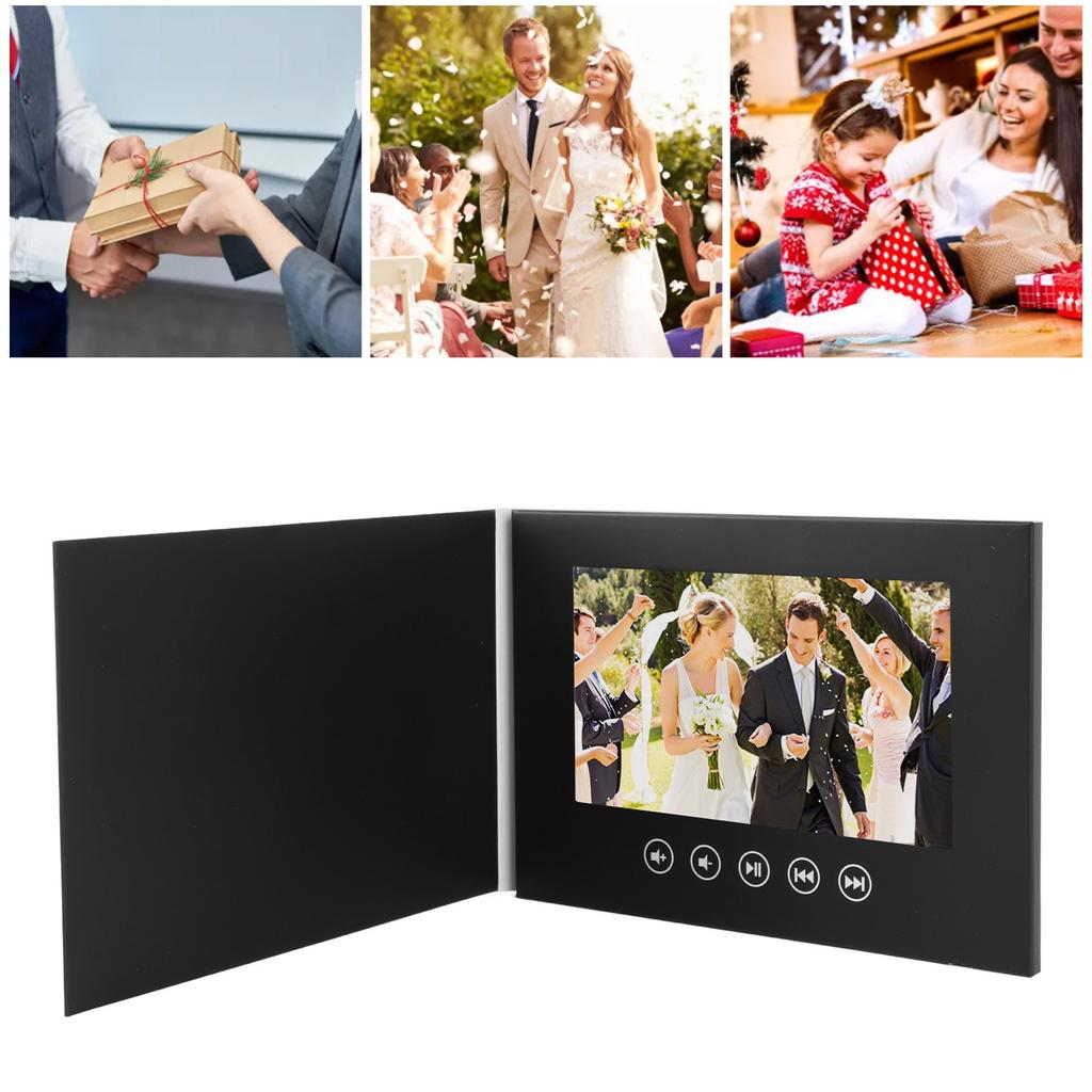 Tarjeta de felicitación electrónica Pantalla a color LCD Folleto de video personalizable para promoción de productos Aniversario de boda Negro