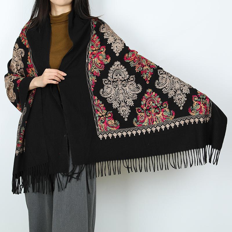 

Новый женский шарф цветочный большой платок дорожная одежда с кисточками утолщенный теплый верхняя одежда чёрный