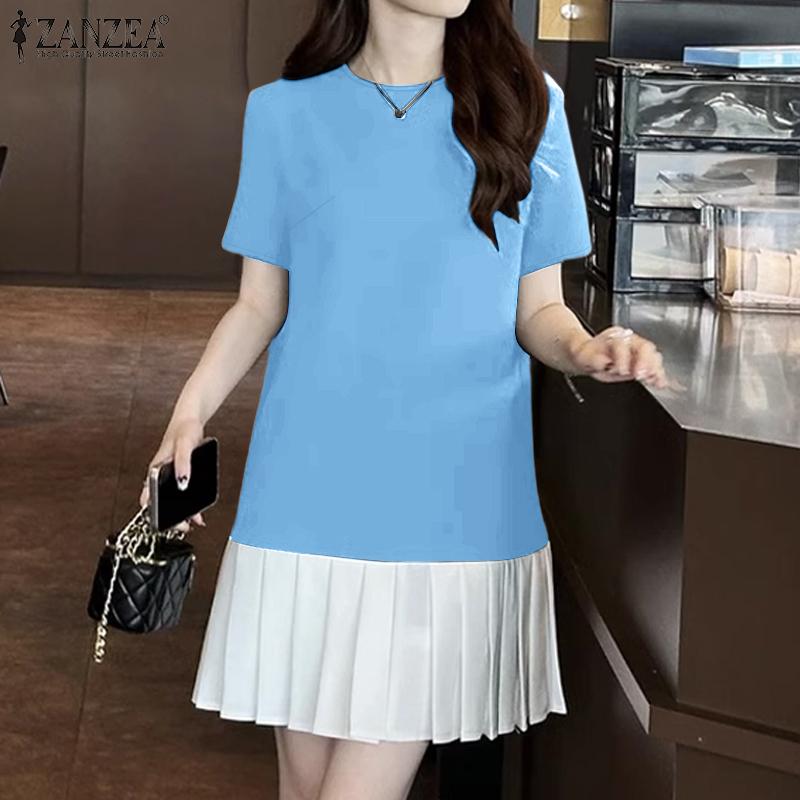 ZANZEA Women Casual Round Neck Short Sleeve Summer Patchwork Dress