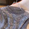 Heavy Industry Sequined Short Round Neck Pullover Knitted Sweater Autumn and Winter New Sweet Temperament Design Sweater