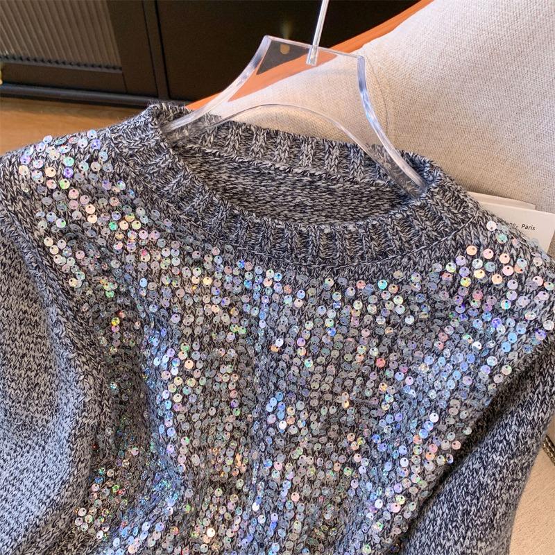 Heavy Industry Sequined Short Round Neck Pullover Knitted Sweater Autumn and Winter New Sweet Temperament Design Sweater
