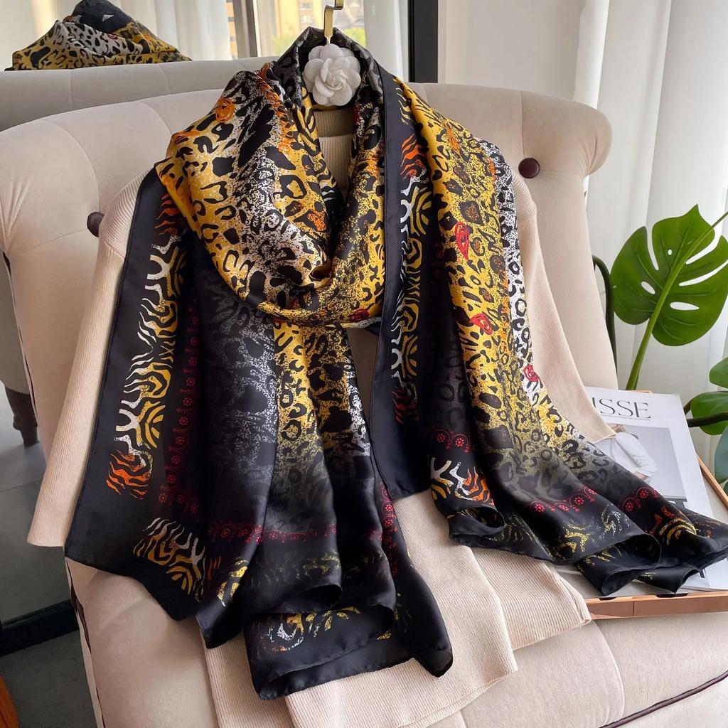 New 90*180CM Fashion Luxury Lady Print Design Shawl Soft Satin Silk Scarf Shawl Versatile Women Long Silk Scarves