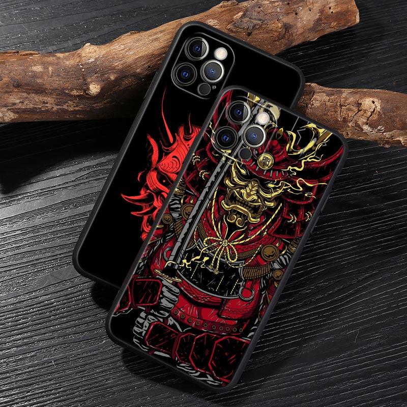 Japan Oni Samurai Yokai Mask Dragon Art Black Cover For Apple iPhone 15 13 14 12 11 Pro Max Mini XS 6 7 8 Plus Cases Soft Fundas