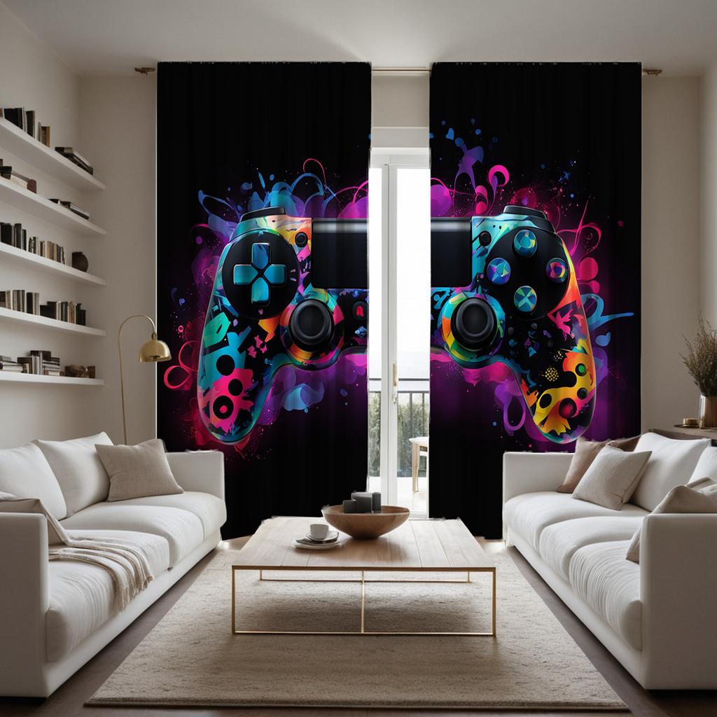 2 Pieces HD Digital Black Colorful Gamer Curtains Home Decorating Style Decorating Living Room Bedroom Rodding Curtains Effect S