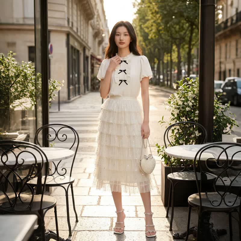 Ruffle Stand Collar Puff Sleeve Chiffon Blouse S