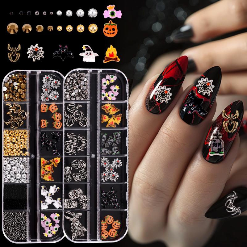 12 Grid Halloween Series Nail Art Jewelry Cartoon Ghost Pumpkin Spider Bat Nail Charms Diy Nail Art Decoration Accessories