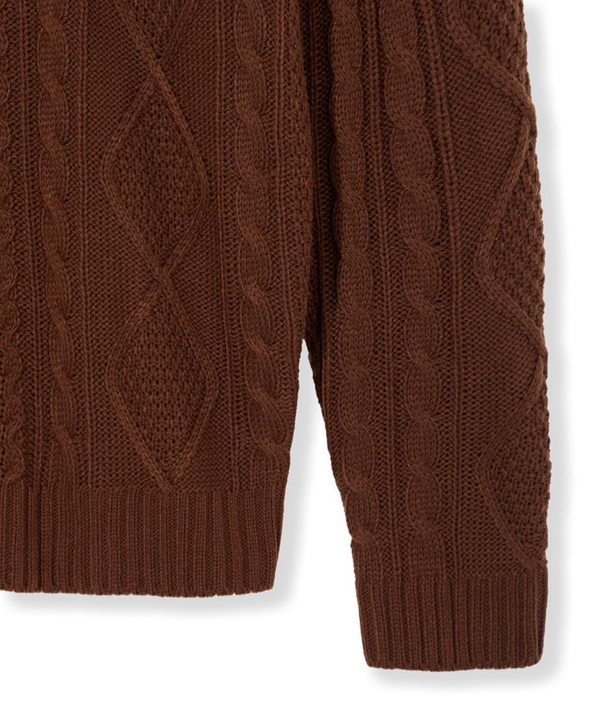 Nodu Fisherman Cable Round Neck Semi-Oversized Long Sleeve Knit Cable Knit Cardigan [Brown]