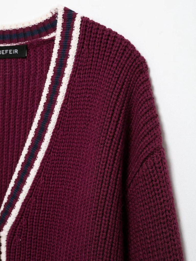 2025 Spring V-Neck Dark Red Color Block Stripe Knit Cardigan - European & American Style