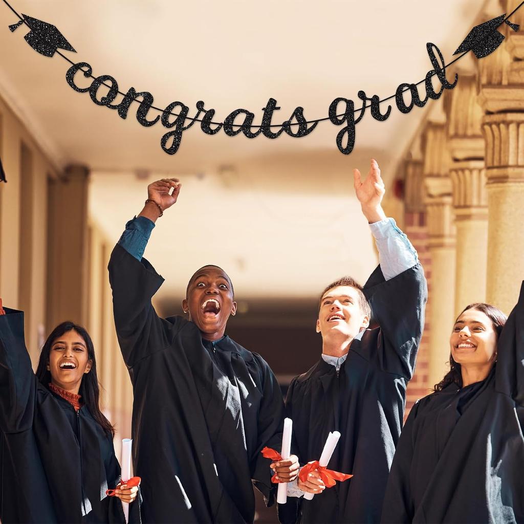 Congrats Grad Banner Decorations - Hanging Glitter Graduation Banner with Cap Garland Sign Bunting for Graduation Celebration Photo Backdrop, College