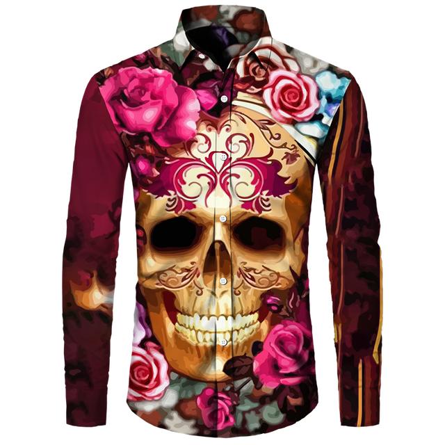 

Готические мужские рубашки с длинными рукавами и 3D принтом черепа, повседневные однобортные винтажные топы с лацканами, индивидуальная хип-поп уличная одежда L