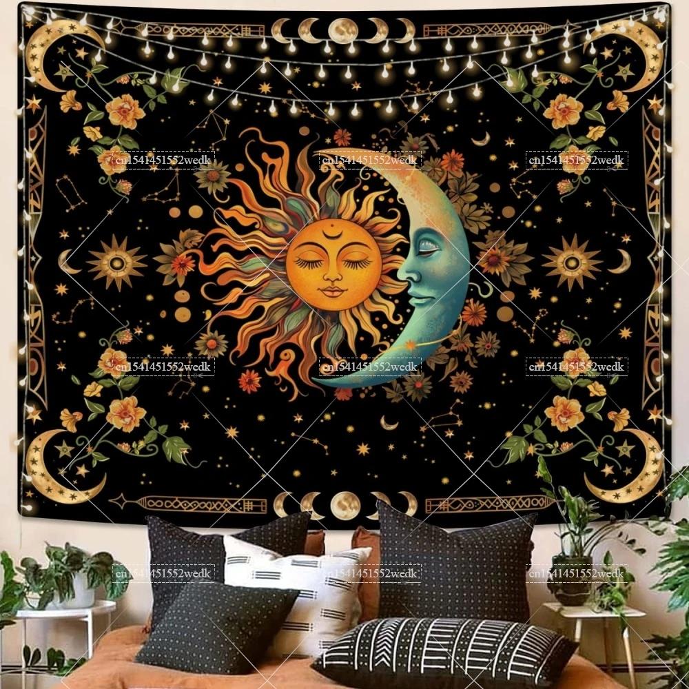 Sun And Moon Astrology Tapestry Celestial Boho Hippie Floral Plant Tapestries Wall Hanging Aesthetic Room Decoration Posters