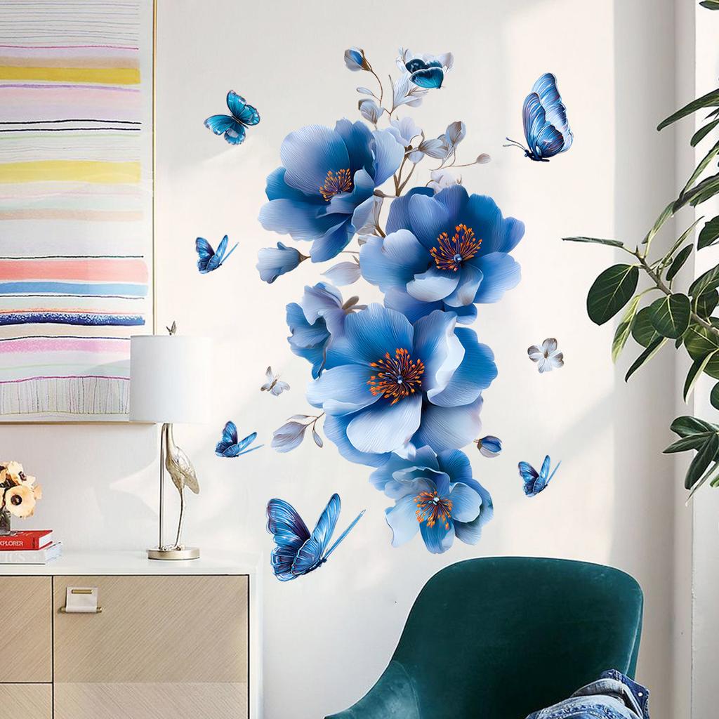 Elegant Blue Butterfly Flower Wall Sticker for Bathroom Living Room Bedroom Home Decor