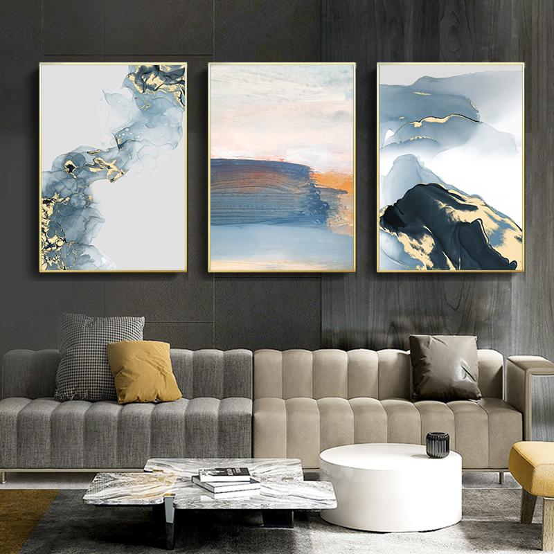 Abstract Marble Blue Golden Watercolor Ink Poster Nordic Modern Wall Art Canvas Painting Print Picture For Living Room Decor