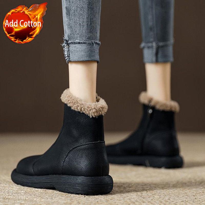 Fashion Leather Waterproof Plush Round Toe Snow Boots for Women Trend 2025 Designer Luxury Woman Shoes Winter Novelty Non Slip Booties