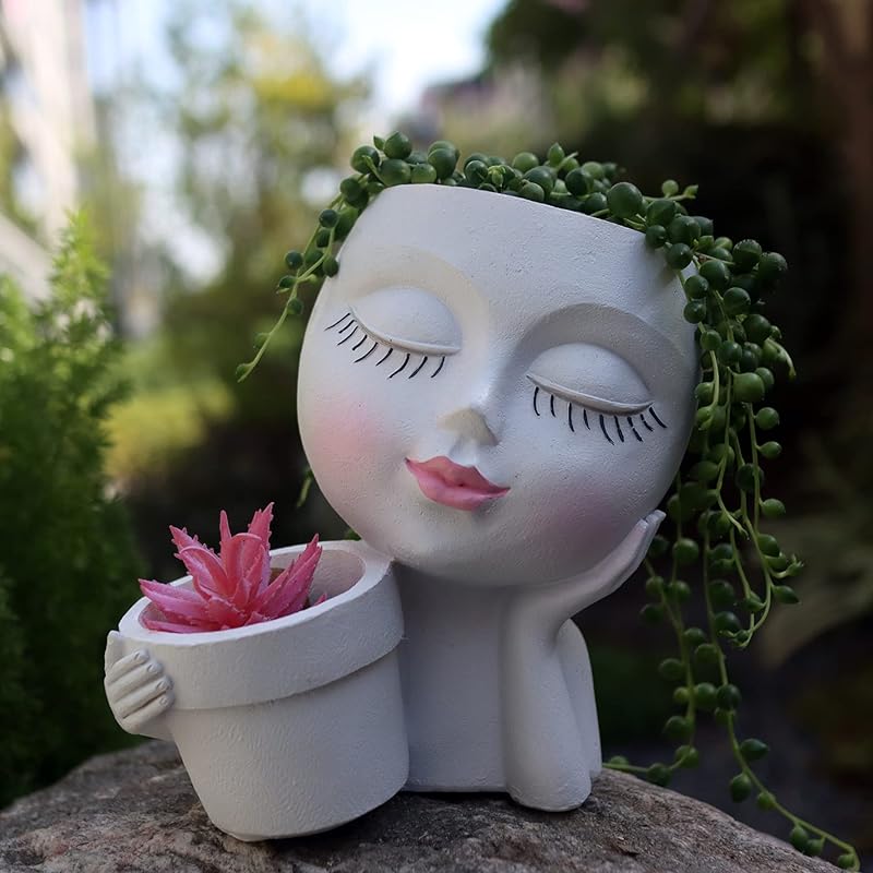 Face Flower Pot Head Planter, Black Woman Unique Planters for Indoor Outdoor Plants, Novelty Plant Pots Lady Vase with Drainage Hole Home Garden