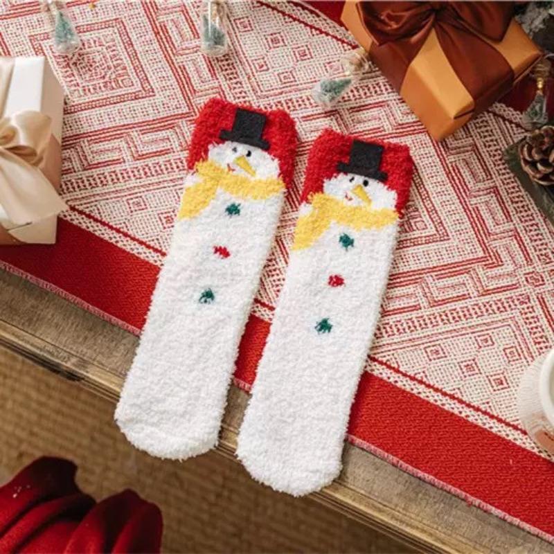 Herbst- und Winter-Weihnachtssocken für Damen: Nicht fusselnde Korallenfleece-Socken, Verdickte warme Cartoon-Halbfleece-Mittelwaden-Socken, Bodensocken