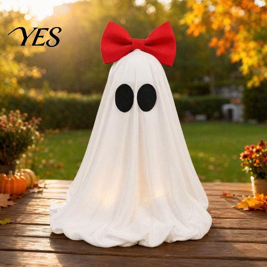 Pink Bow Ghost Decoration LED Decoration, Halloween Tabletop Ornament, Soft Girly Fabric Haunted House Decor with Warm Glow for Home Cute Ornament