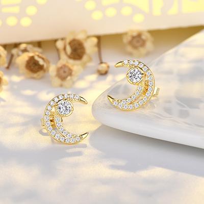 Nouvelles Boucles d'oreilles Lune Design de Niche Entièrement Diamant Boucles d'oreilles Or Luxe Léger Haut de Gamme