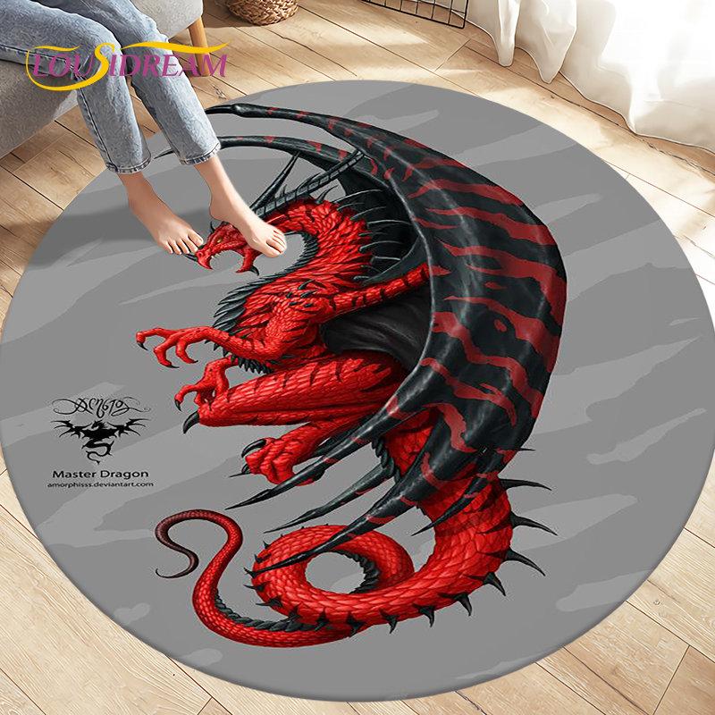 3D Cartoon Mysterious Dragon Area Rug,Round Carpet Rug for Living Room Bedroom Sofa Decoration,Kid Play Game Non-slip Floor Mat