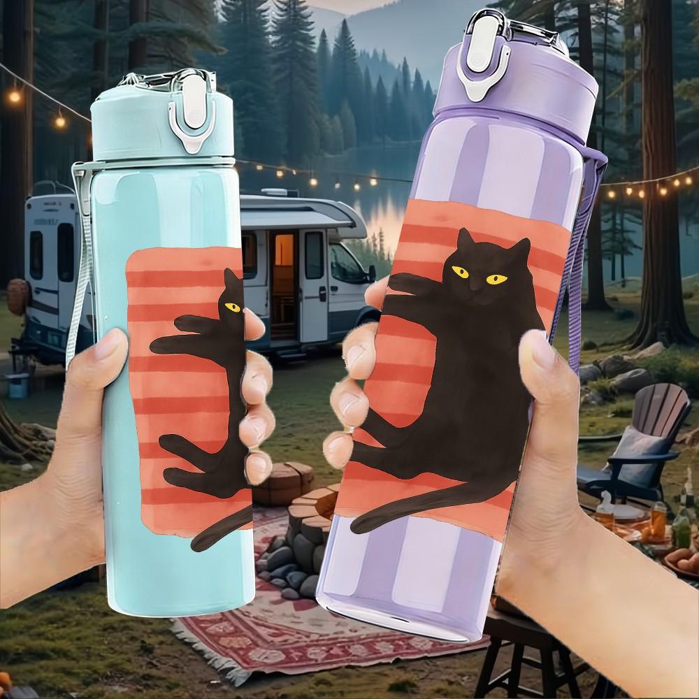 1PC Black Cat Red Mat Silhouette 750ml Color Plastic Sports Water Bottle Leakproof Flip Straw Lid For Sports Office Home Use