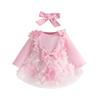Newborn Baby Girl Applique Mesh Dress with Headband, Autumn/Winter Long Sleeve Knitted Fabric Splice