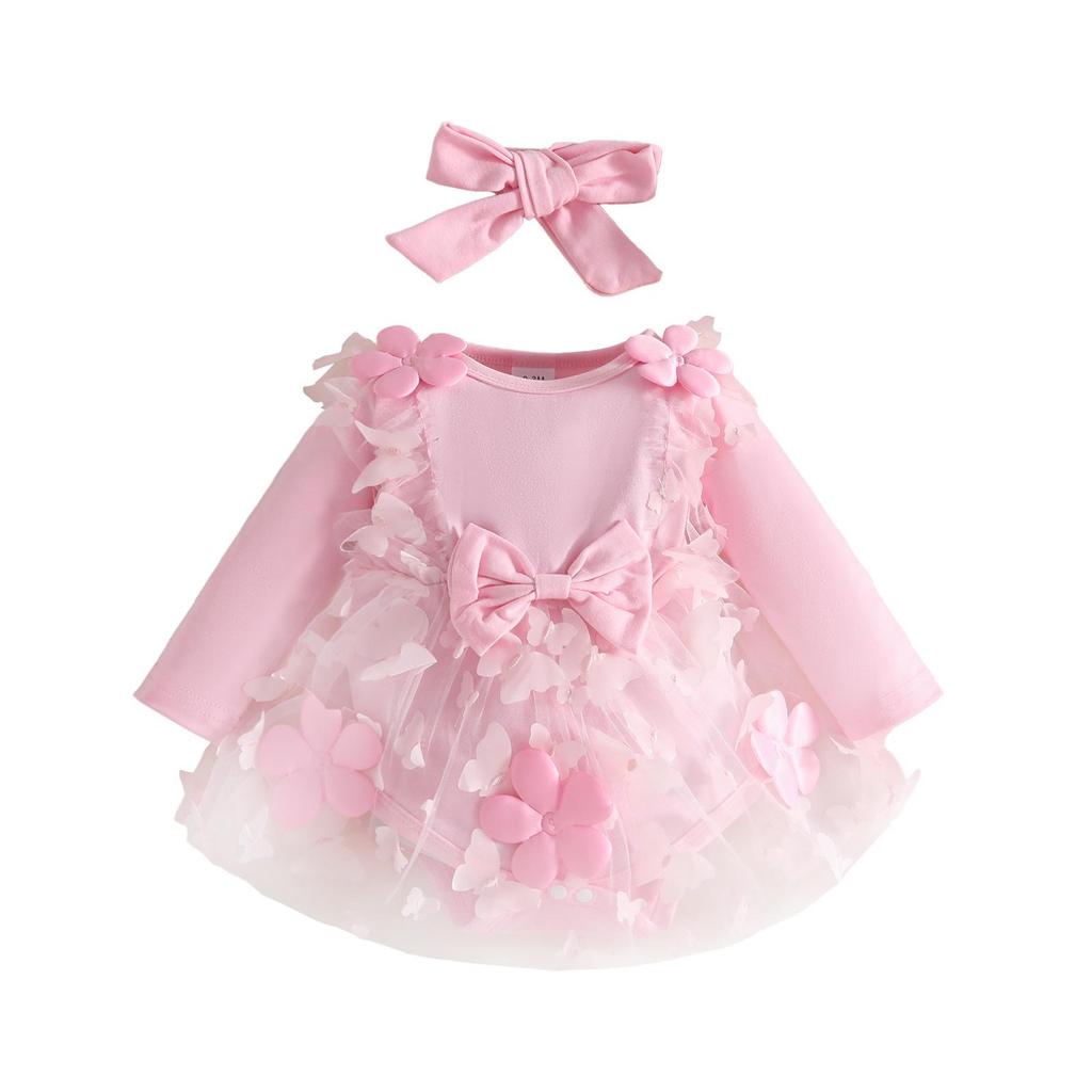 Newborn Baby Girl Applique Mesh Dress with Headband, Autumn/Winter Long Sleeve Knitted Fabric Splice