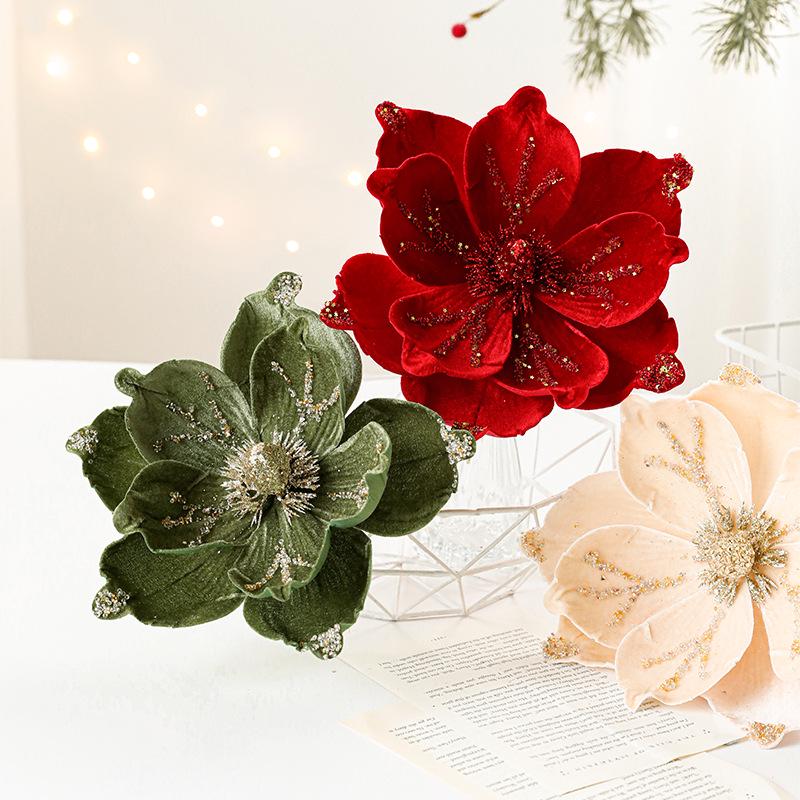 24CM Flocked Magnolia Christmas Flowers: Elegant High-End Fabric Decorations