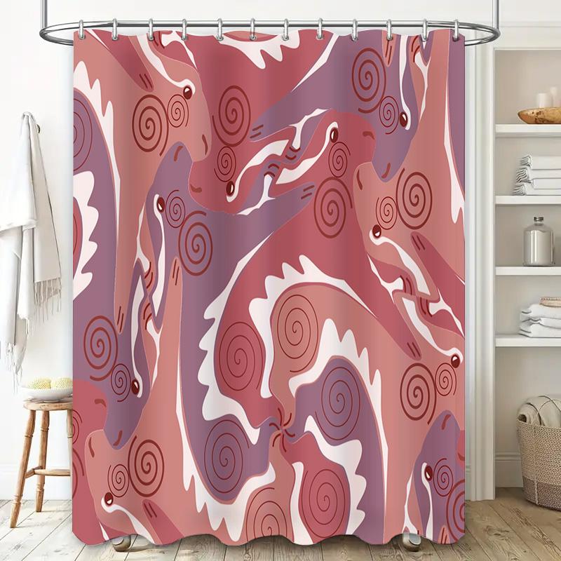 Modern Style Bath Shower Curtain with Abstract Swirly Design Pink Red White Decorative Polyester Waterproof Bathroom Accessories