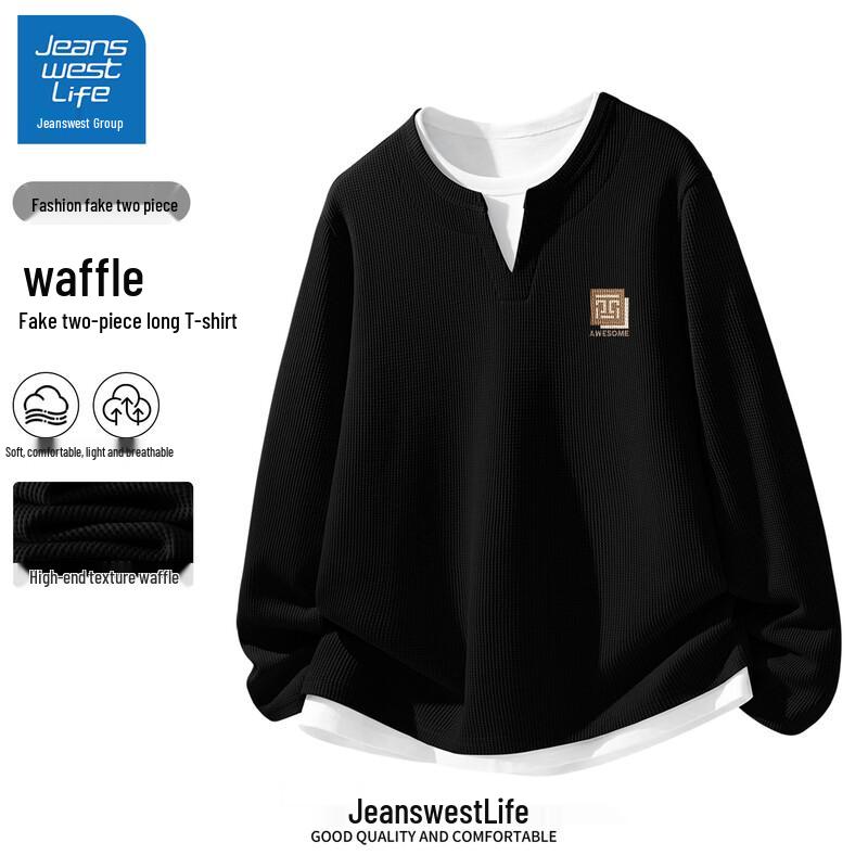 Jeanswest Men s Fake Two-Piece Waffle Long Sleeve T-Shirt 2XL