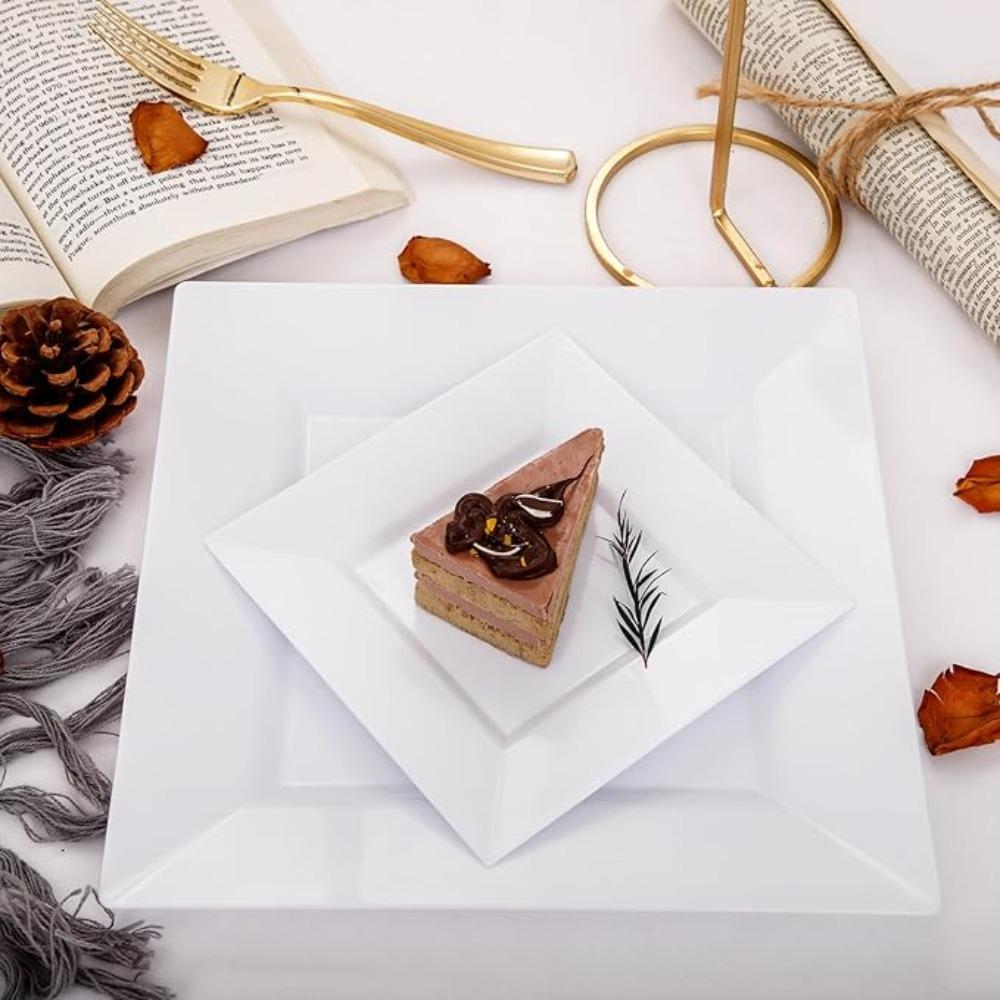 

10Pcs 6.5/9 in White Square Plate Plastic Party Appetizer Plate Elegant Dessert Dish Salad 6.5 In