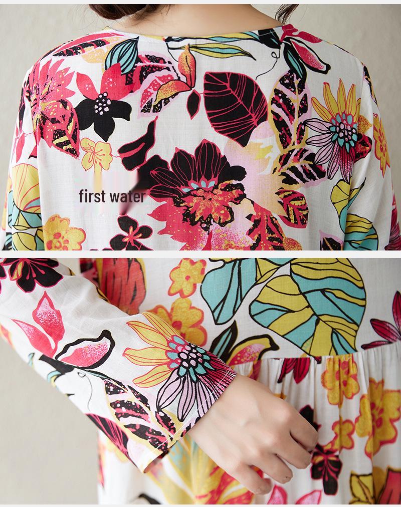 2024 Early Autumn Floral Print Retro Cotton Linen Maxi Dress