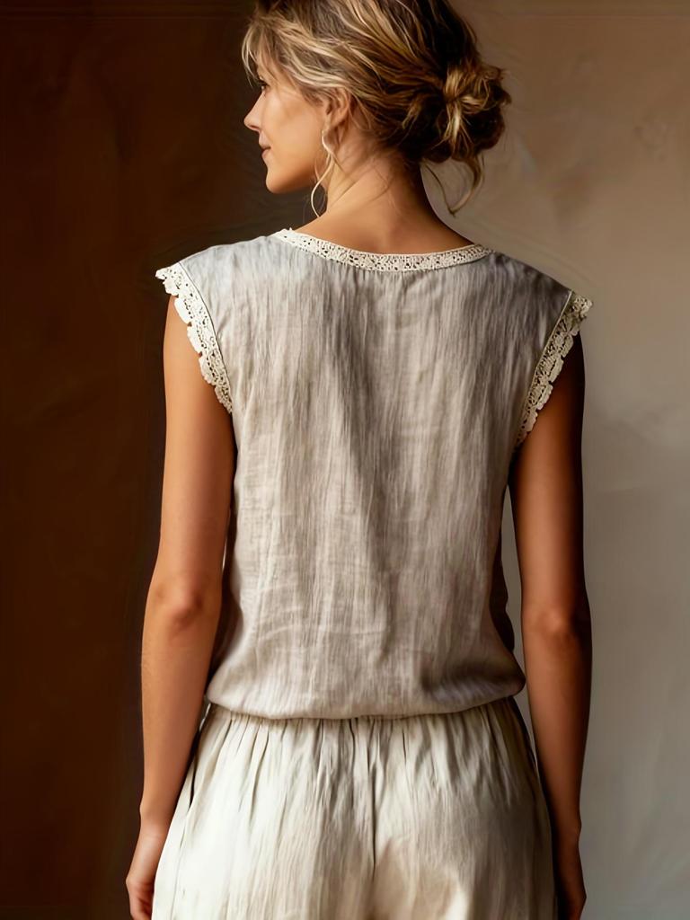 2026 Damen Retro Lockeres Ärmelloses Leinenhemd mit Spitzen-Patchwork