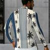 Men s Plus Size Long Sleeve Quarter Zip Collared Polo Shirt Striped Palm Tree Print Beige Navy Blue